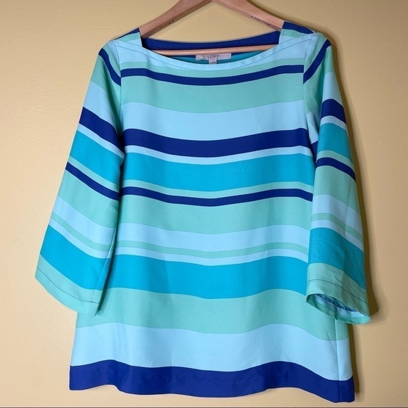 18. Ann Taylor Loft Green and Blue Striped Blouse - Picture 1 of 4